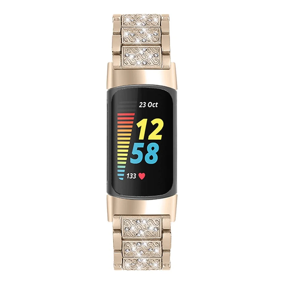 Bling Rhinestone Metal Watch Band Women Replacement Strap for Fitbit Charge 6 / 5 - Retro Gold - 3