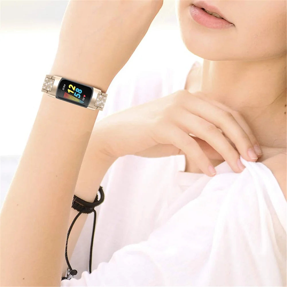 Bling Rhinestone Metal Watch Band Women Replacement Strap for Fitbit Charge 6 / 5 - Retro Gold - 4