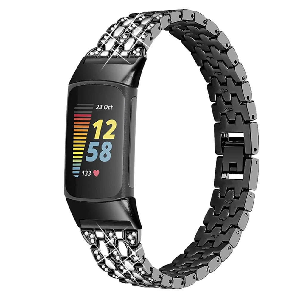 Women 3 Rows Rhinestone Metal Watch Band Slim Replacement Strap for Fitbit Charge 6 / 5 - Black / White - 1