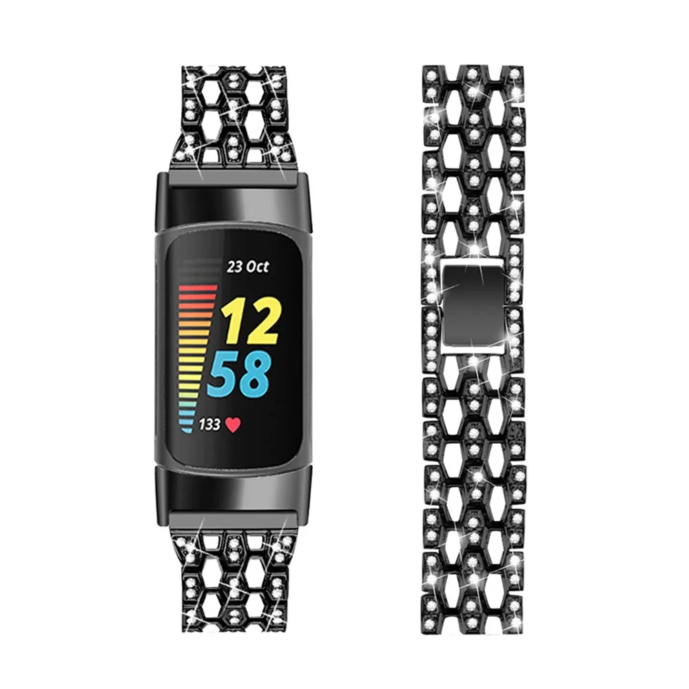 Women 3 Rows Rhinestone Metal Watch Band Slim Replacement Strap for Fitbit Charge 6 / 5 - Black / White - 2