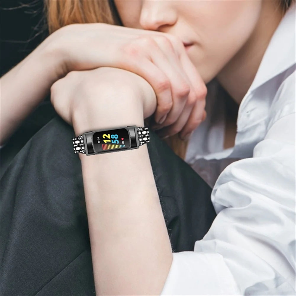 Women 3 Rows Rhinestone Metal Watch Band Slim Replacement Strap for Fitbit Charge 6 / 5 - Black / White - 4