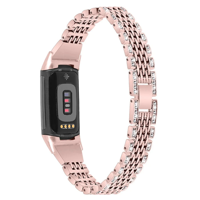 Double Rows Rhinestone Decorative Edge Metal Band Slim Watch Strap for Fitbit Charge 6 / 5 - Rose Pink - 1
