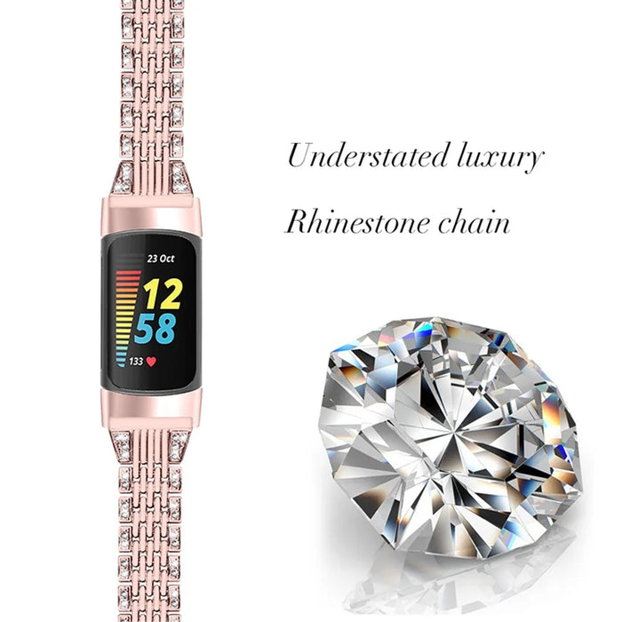 Double Rows Rhinestone Decorative Edge Metal Band Slim Watch Strap for Fitbit Charge 6 / 5 - Rose Pink - 2