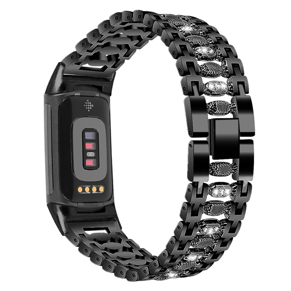 Metal Watch Band with Rhinestone Decor Replacement Strap for Fitbit Charge 6 / 5 - Black - 1