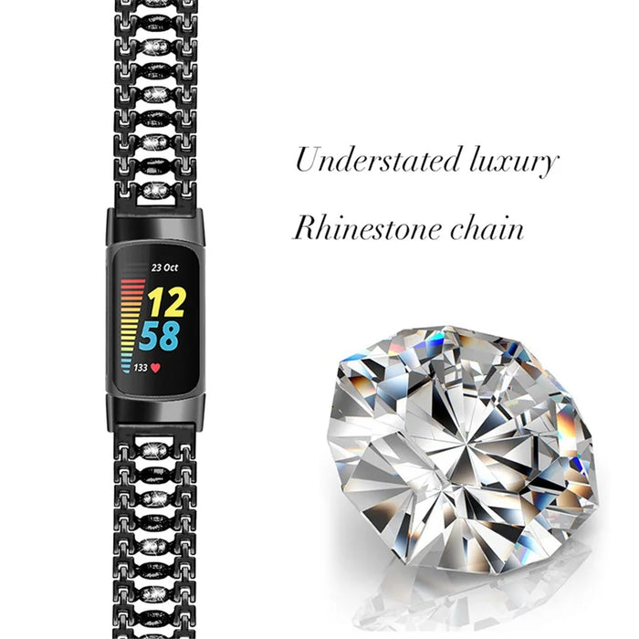Metal Watch Band with Rhinestone Decor Replacement Strap for Fitbit Charge 6 / 5 - Black - 2