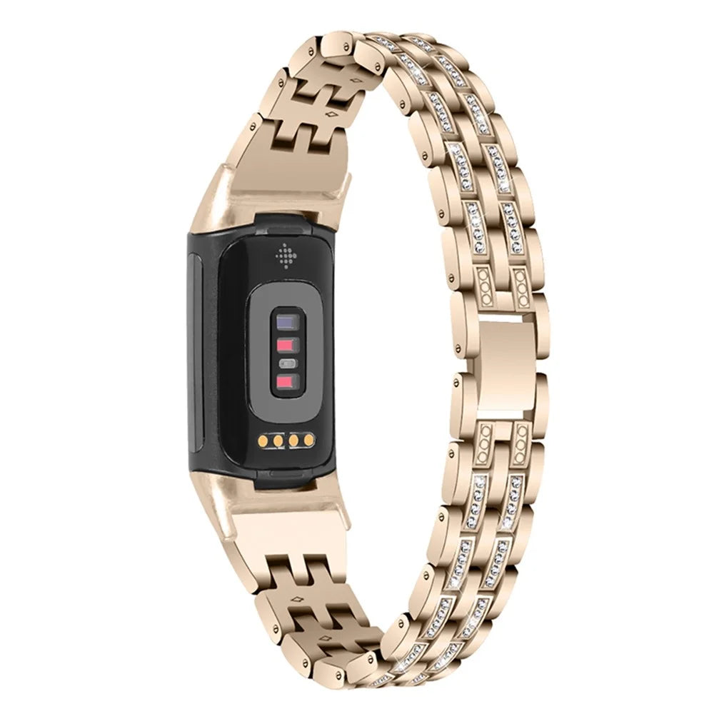 Fashion Women Replacement 2 Rows Rhinestone Metal Watch Band Strap for Fitbit Charge 6 / 5 - Retro Gold - 1