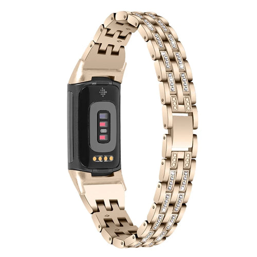 Fashion Women Replacement 2 Rows Rhinestone Metal Watch Band Strap for Fitbit Charge 6 / 5 - Retro Gold - 1