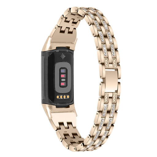 Fashion Women Replacement 2 Rows Rhinestone Metal Watch Band Strap for Fitbit Charge 6 / 5 - Retro Gold - 1