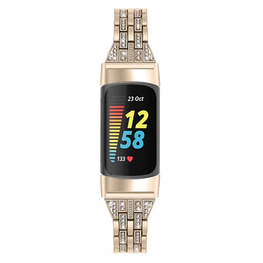 Fashion Women Replacement 2 Rows Rhinestone Metal Watch Band Strap for Fitbit Charge 6 / 5 - Retro Gold - 2