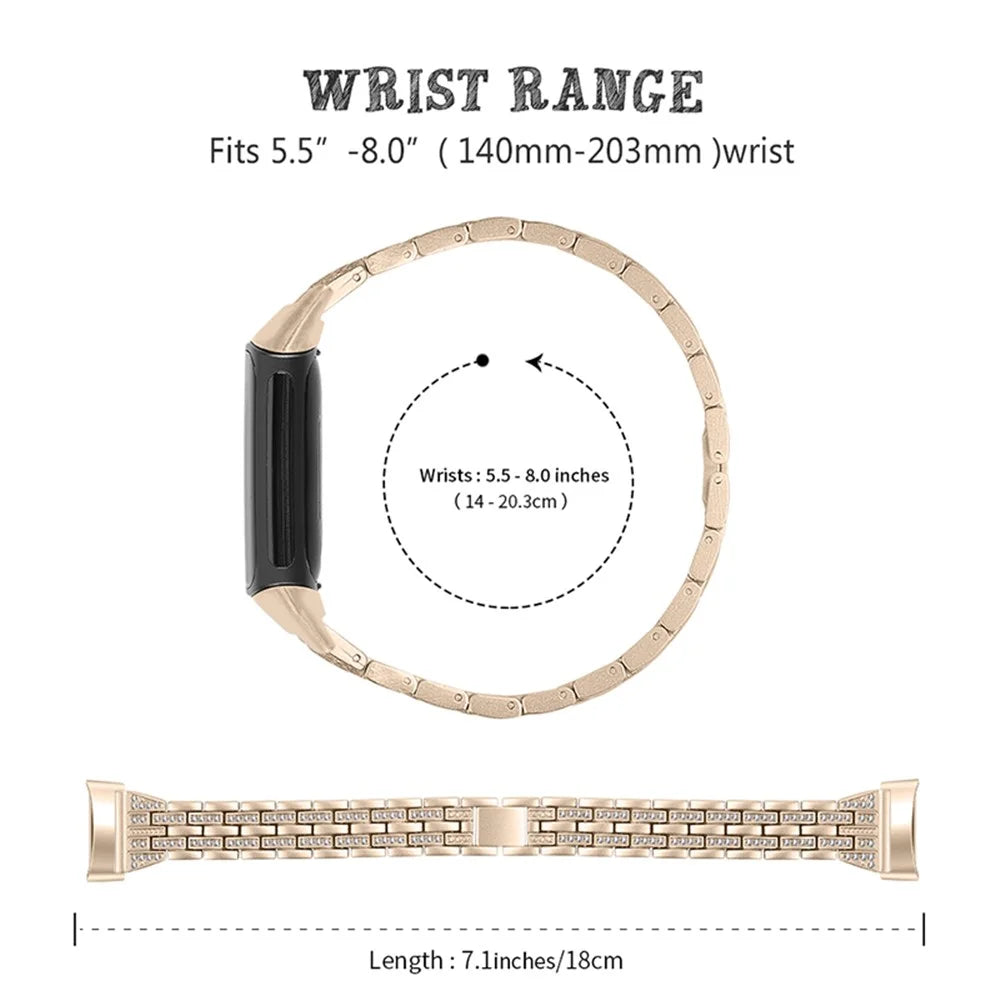Fashion Women Replacement 2 Rows Rhinestone Metal Watch Band Strap for Fitbit Charge 6 / 5 - Retro Gold - 3