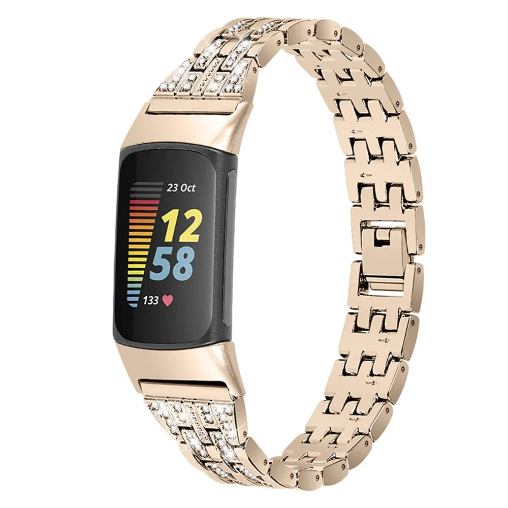 Fashion Women Replacement 2 Rows Rhinestone Metal Watch Band Strap for Fitbit Charge 6 / 5 - Retro Gold - 4