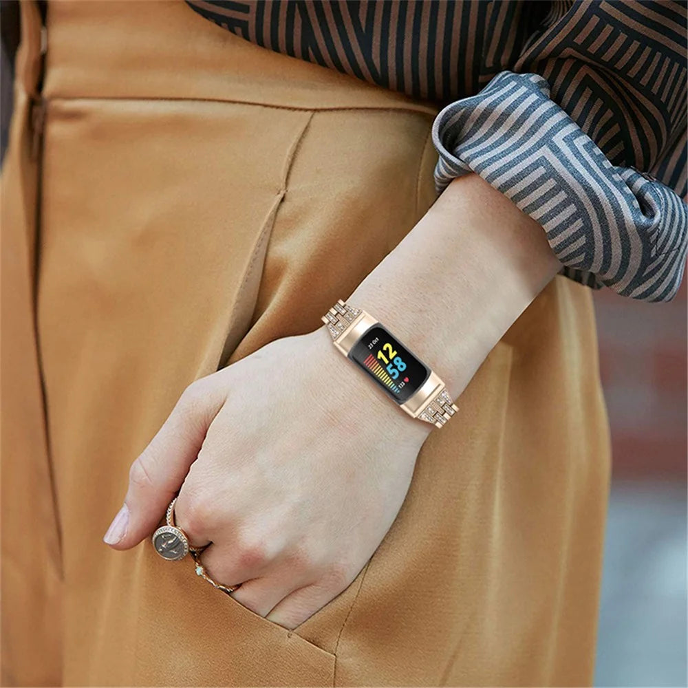 Fashion Women Replacement 2 Rows Rhinestone Metal Watch Band Strap for Fitbit Charge 6 / 5 - Retro Gold - 5