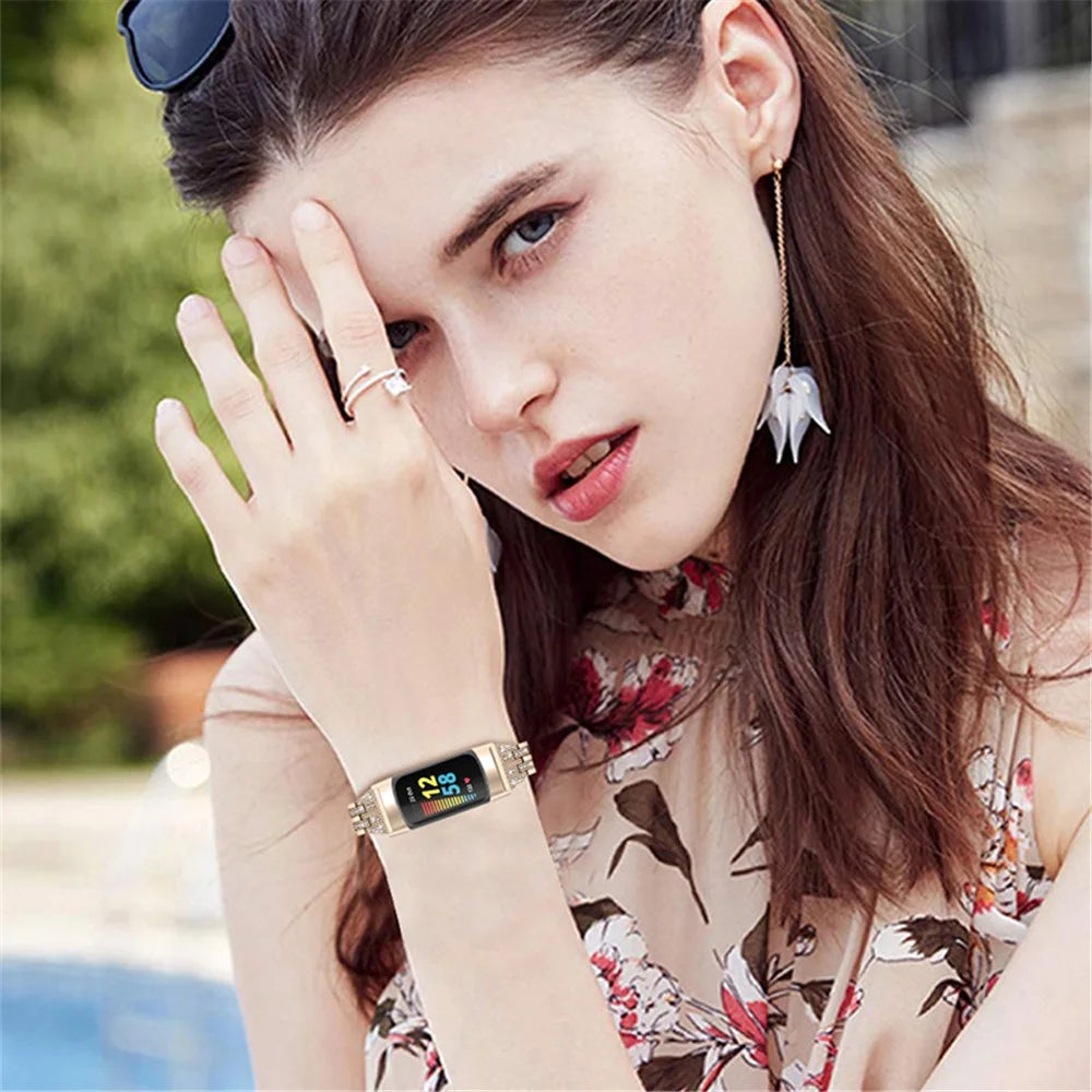 Fashion Women Replacement 2 Rows Rhinestone Metal Watch Band Strap for Fitbit Charge 6 / 5 - Retro Gold - 6
