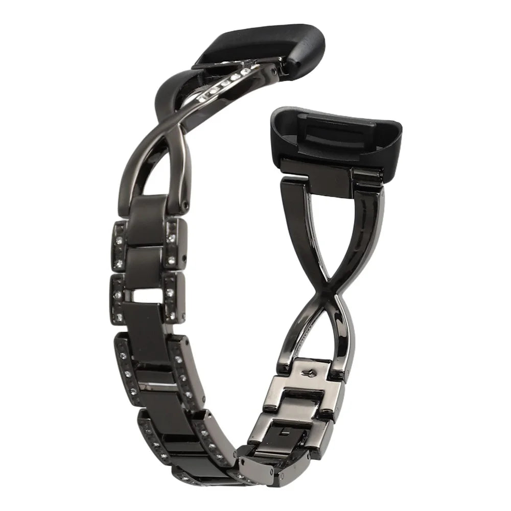 Aluminum Alloy X-shaped Watch Strap with Rhinestones Decor Smart Watch Band Wrist Strap for Fitbit Charge 6 / 5 - Black - 1