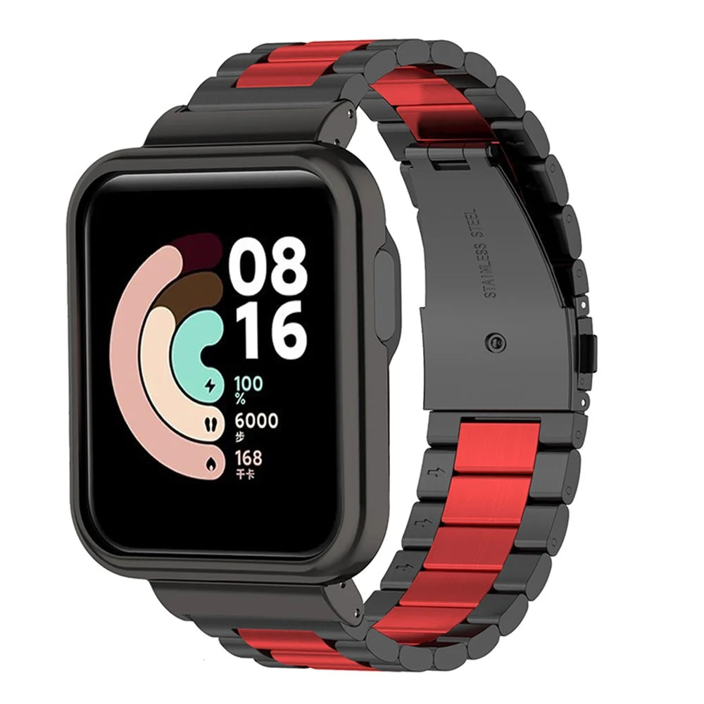 Three Beads 304 Stainless Steel Watch Band Strap with Watch Case Protector for Xiaomi Redmi Watch / Mi Watch Lite - Black/Red/Black - 2