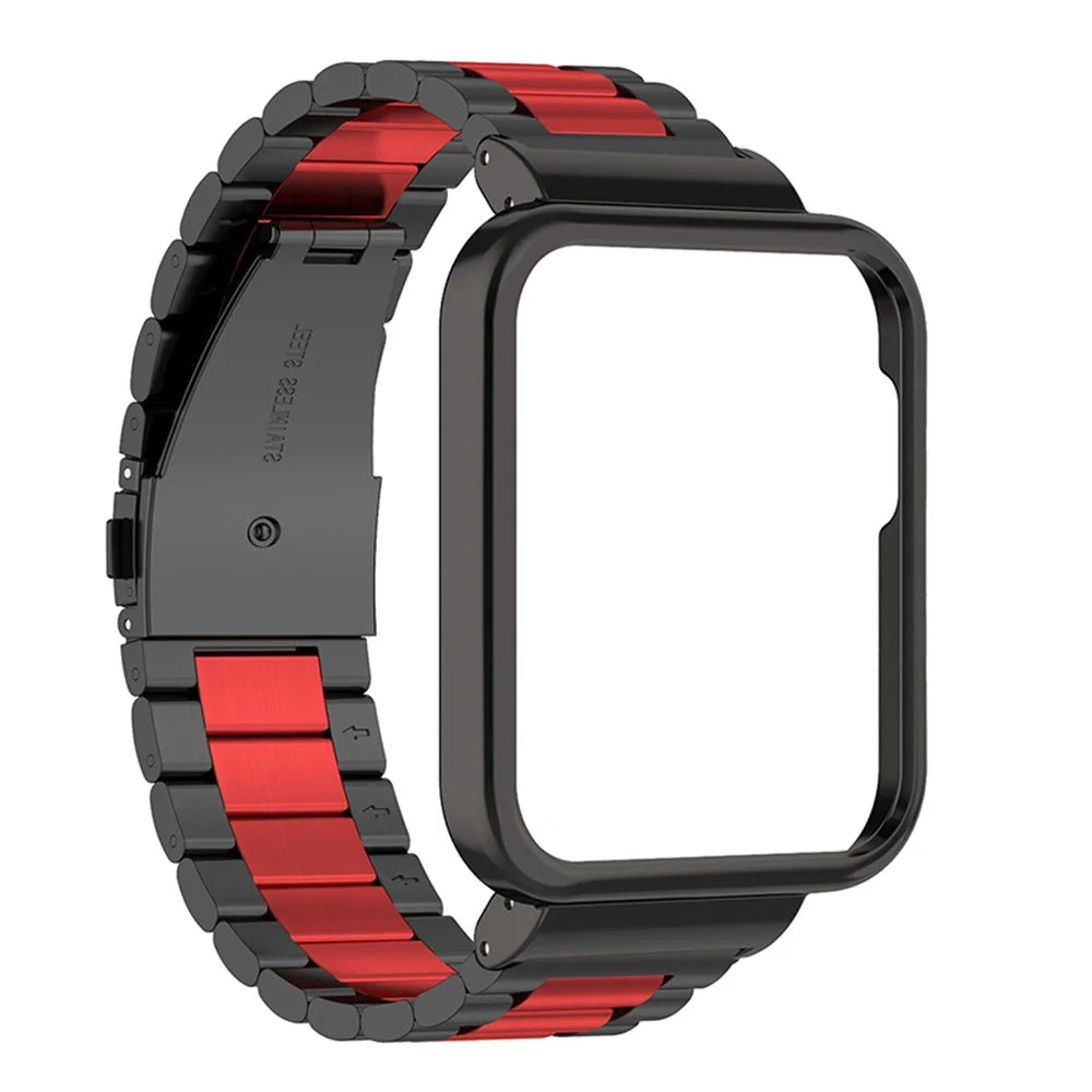Three Beads 304 Stainless Steel Watch Band Strap with Watch Case Protector for Xiaomi Redmi Watch / Mi Watch Lite - Black/Red/Black - 3