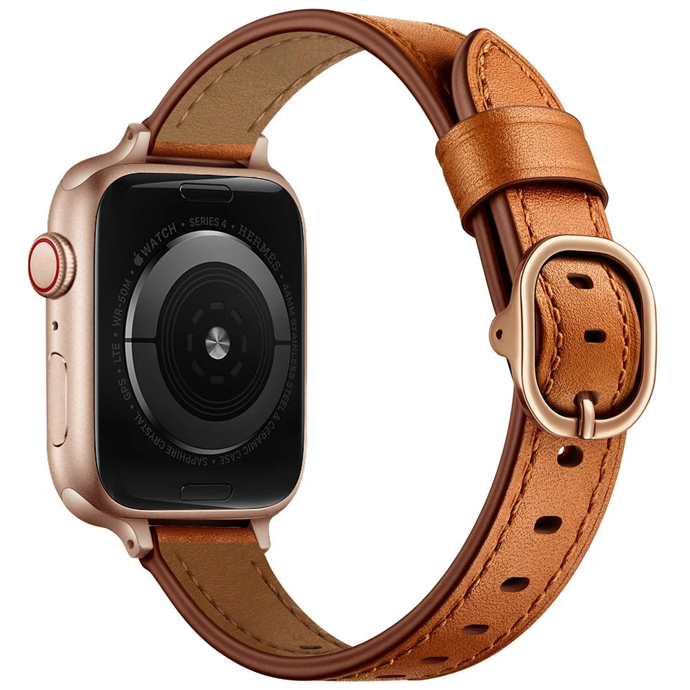Genuine Leather Smart Watch Strap Metal Buckle Wristband for Apple Watch Series 11 10 42mm / 9 8 7 41mm / SE3 SE2 SE 6 5 4 40mm / 3 2 1 38mm - Brown / Rose Gold Buckle - 1