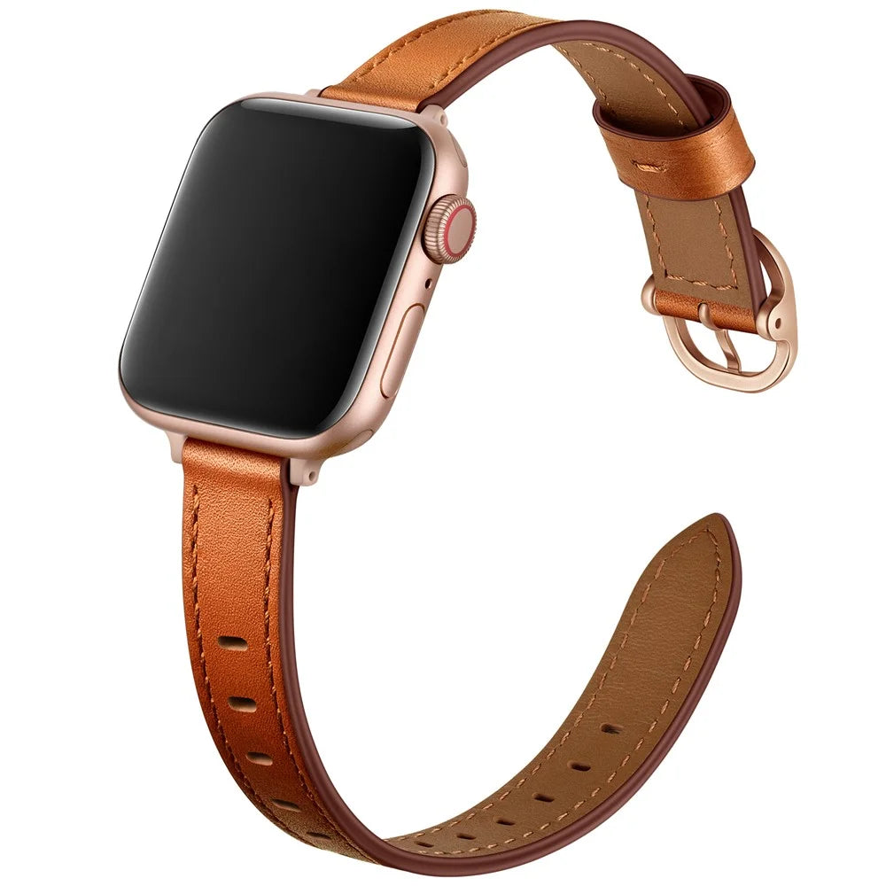 Genuine Leather Smart Watch Strap Metal Buckle Wristband for Apple Watch Series 11 10 42mm / 9 8 7 41mm / SE3 SE2 SE 6 5 4 40mm / 3 2 1 38mm - Brown / Rose Gold Buckle - 2