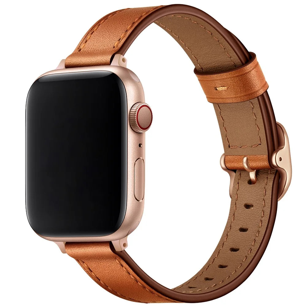 Genuine Leather Smart Watch Strap Metal Buckle Wristband for Apple Watch Series 11 10 42mm / 9 8 7 41mm / SE3 SE2 SE 6 5 4 40mm / 3 2 1 38mm - Brown / Rose Gold Buckle - 3
