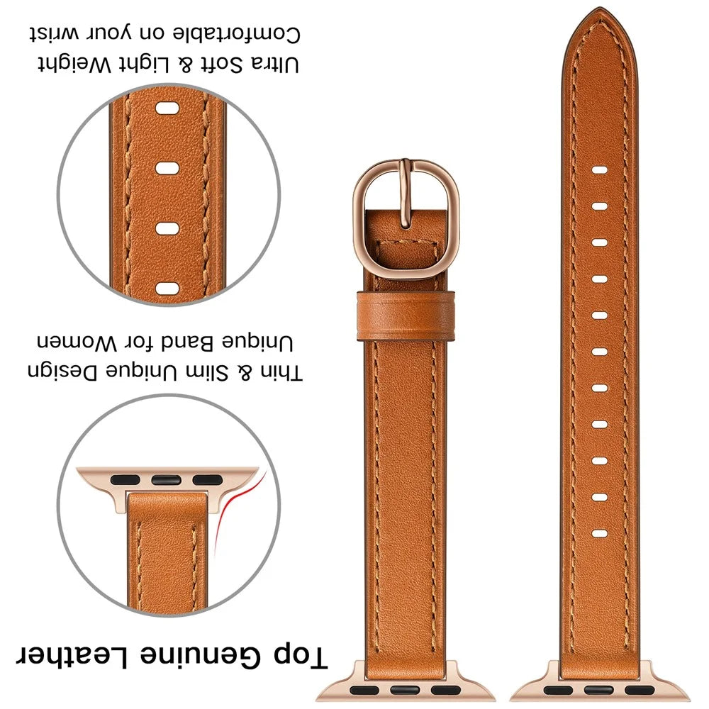Genuine Leather Smart Watch Strap Metal Buckle Wristband for Apple Watch Series 11 10 42mm / 9 8 7 41mm / SE3 SE2 SE 6 5 4 40mm / 3 2 1 38mm - Brown / Rose Gold Buckle - 4