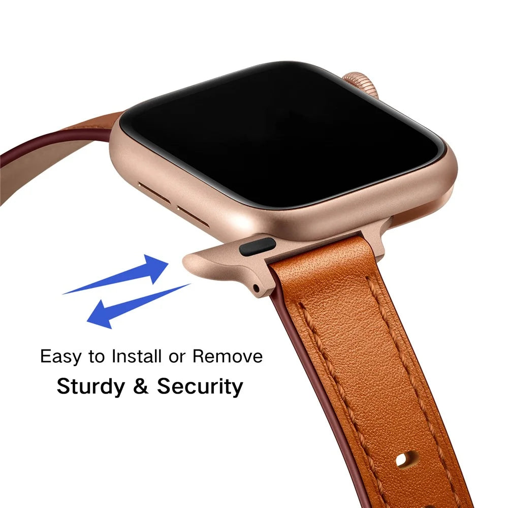 Genuine Leather Smart Watch Strap Metal Buckle Wristband for Apple Watch Series 11 10 42mm / 9 8 7 41mm / SE3 SE2 SE 6 5 4 40mm / 3 2 1 38mm - Brown / Rose Gold Buckle - 5