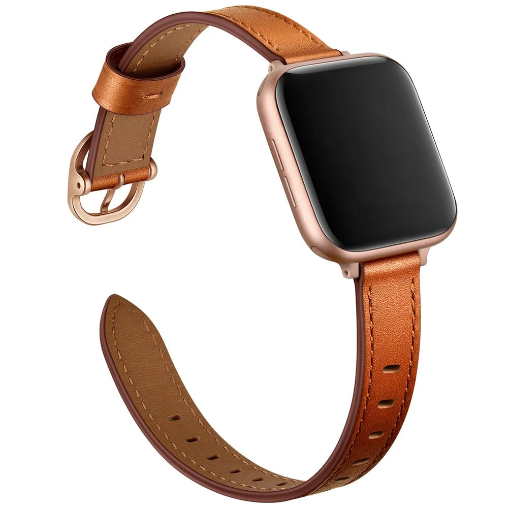 Genuine Leather Smart Watch Strap Metal Buckle Wristband for Apple Watch Series 11 10 42mm / 9 8 7 41mm / SE3 SE2 SE 6 5 4 40mm / 3 2 1 38mm - Brown / Rose Gold Buckle - 6