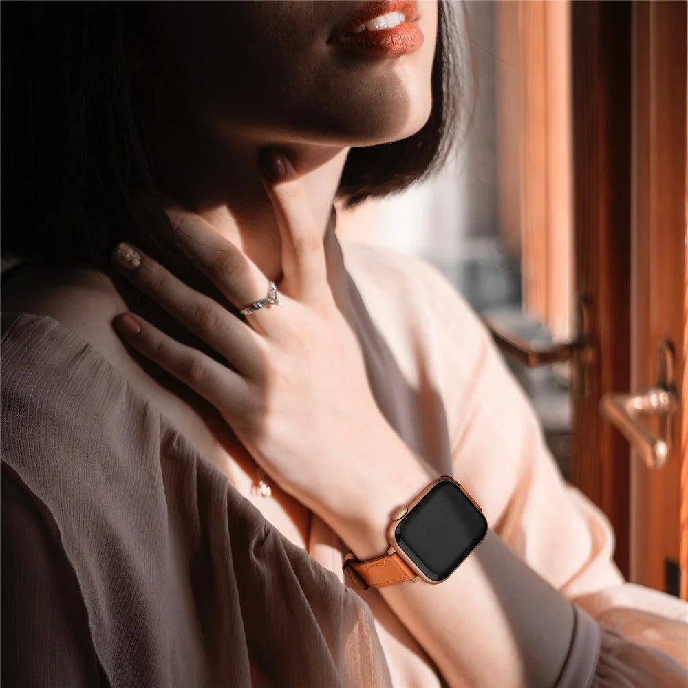 Genuine Leather Smart Watch Strap Metal Buckle Wristband for Apple Watch Series 11 10 42mm / 9 8 7 41mm / SE3 SE2 SE 6 5 4 40mm / 3 2 1 38mm - Brown / Rose Gold Buckle - 7