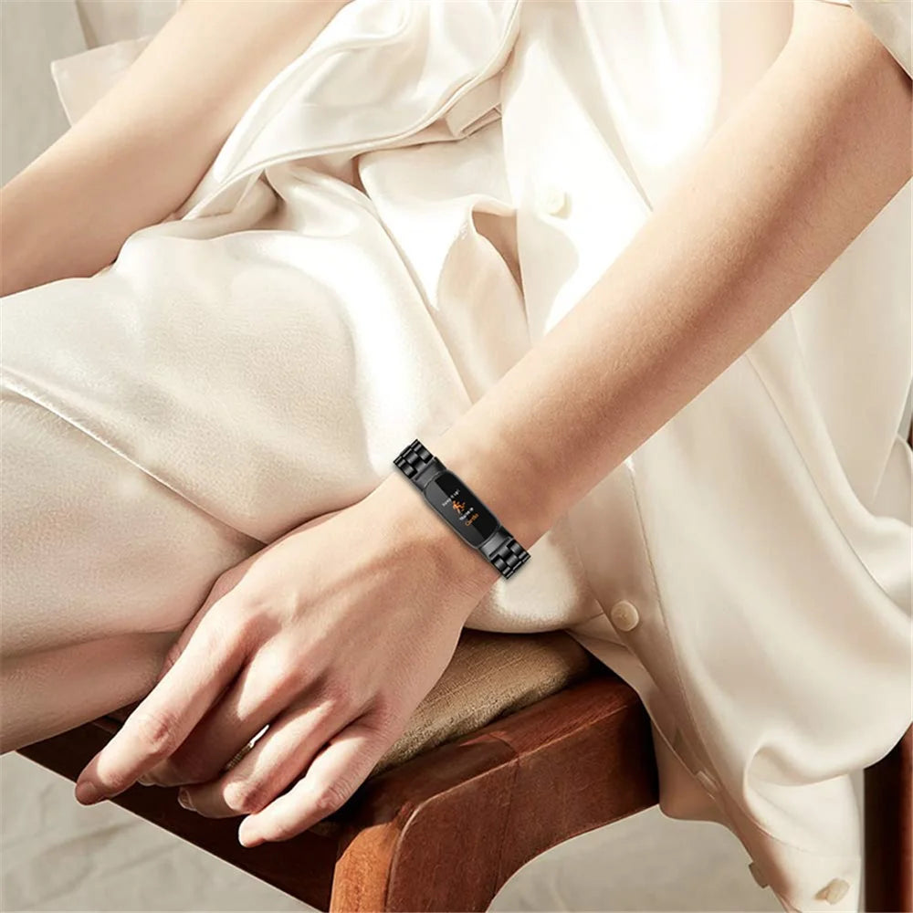 Three Beads Stainless Steel Smart Watch Band Replacement Metal Strap for Fitbit Luxe - Black - 5