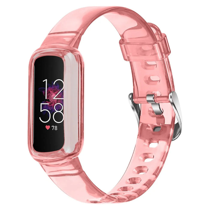 Clear Soft Silicone Integrated Protective Case Watch Strap Replacement Watchband for Fitbit Luxe - Transparent Pink - 1