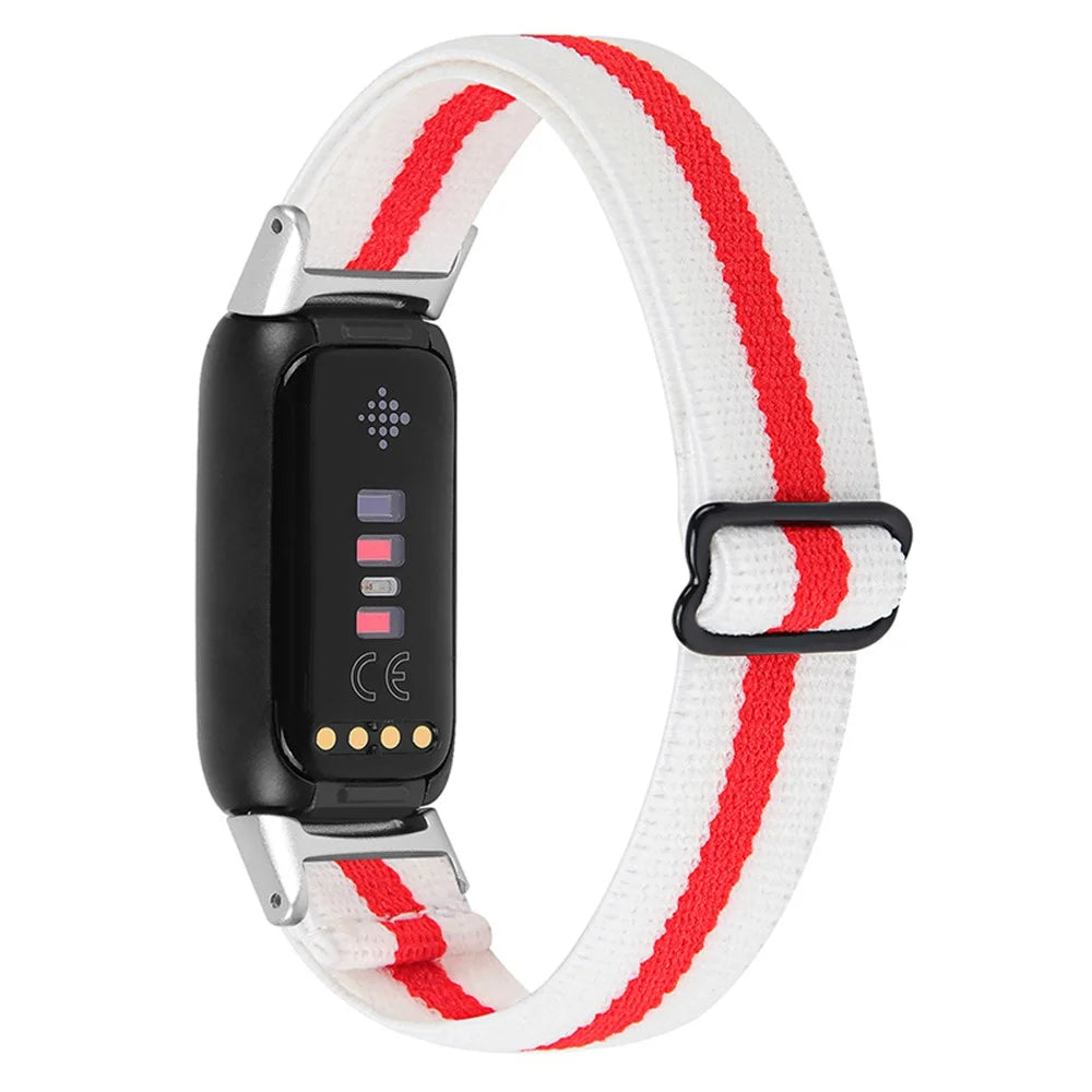 Color Splicing Elastic Nylon Watch Band Solo Loop Adjustable Strap Replacement for Fitbit Luxe - White/Red - 1