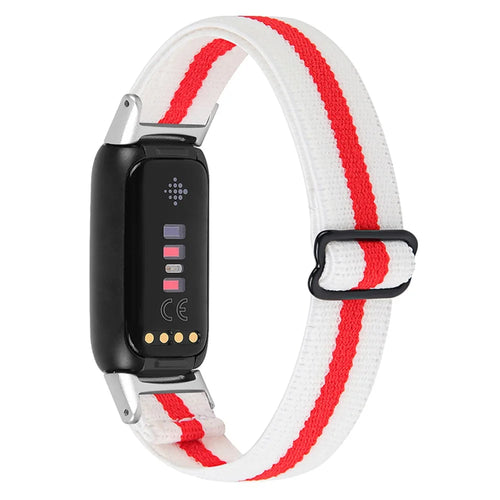Color Splicing Elastic Nylon Watch Band Solo Loop Adjustable Strap Replacement for Fitbit Luxe - White/Red - 1