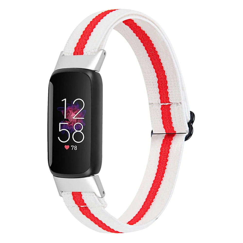 Color Splicing Elastic Nylon Watch Band Solo Loop Adjustable Strap Replacement for Fitbit Luxe - White/Red - 2