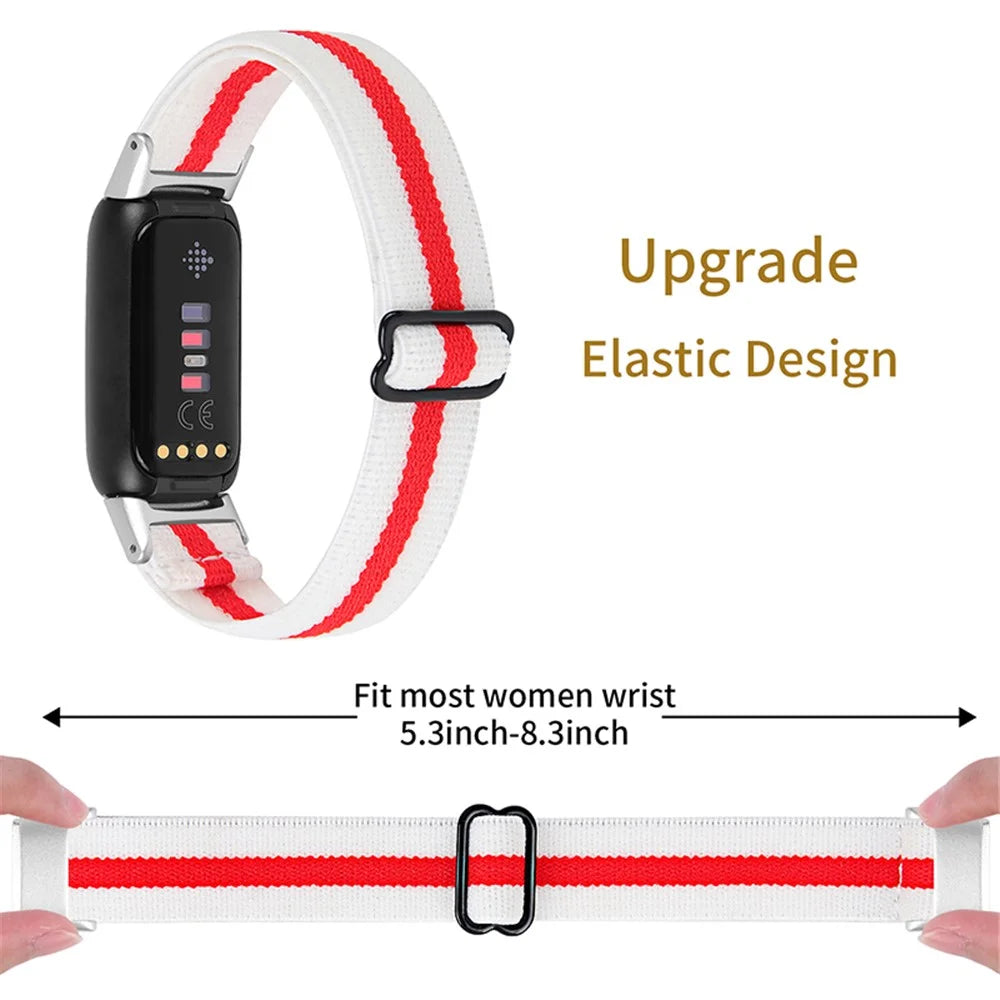 Color Splicing Elastic Nylon Watch Band Solo Loop Adjustable Strap Replacement for Fitbit Luxe - White/Red - 3