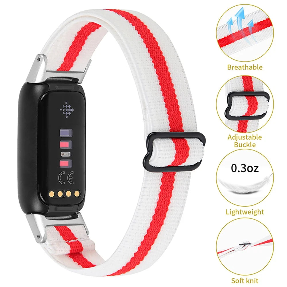 Color Splicing Elastic Nylon Watch Band Solo Loop Adjustable Strap Replacement for Fitbit Luxe - White/Red - 4