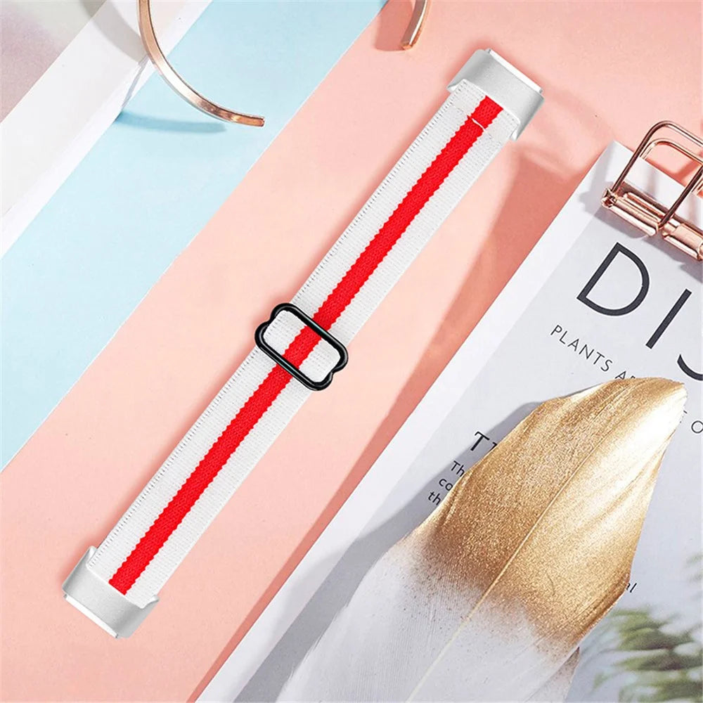 Color Splicing Elastic Nylon Watch Band Solo Loop Adjustable Strap Replacement for Fitbit Luxe - White/Red - 5