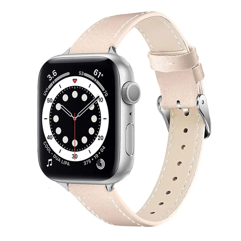 Smart Watch Strap Genuine Leather Watchband for Apple Watch Series 11 10 42mm / 9 8 7 41mm / SE3 SE2 SE 6 5 4 40mm / 3 2 1 38mm - Apricot - 2