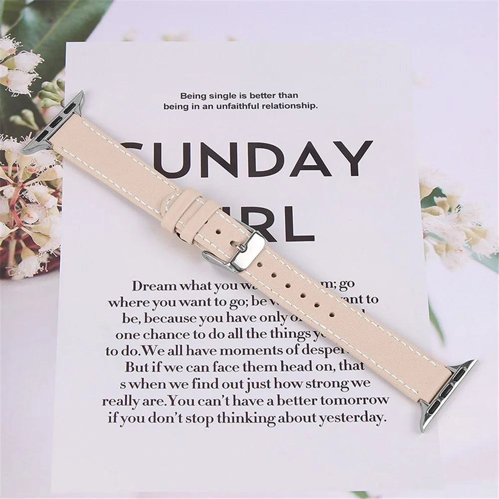 Smart Watch Strap Genuine Leather Watchband for Apple Watch Series 11 10 42mm / 9 8 7 41mm / SE3 SE2 SE 6 5 4 40mm / 3 2 1 38mm - Apricot - 3