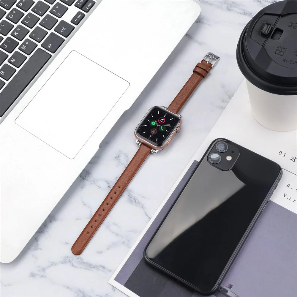 Anti-Scratch Genuine Leather Watch Strap Replacement (Size: L) for Apple Watch Ultra 3 2 1 49mm / Series 11 10 46mm / 9 8 7 45mm / SE3 SE2 SE 6 5 4 44mm / 3 2 1 42mm - Brown - 4