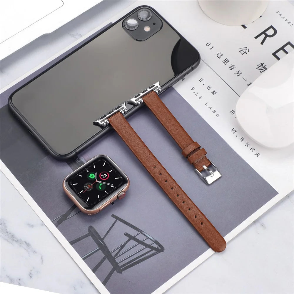 Anti-Scratch Genuine Leather Watch Strap Replacement (Size: L) for Apple Watch Ultra 3 2 1 49mm / Series 11 10 46mm / 9 8 7 45mm / SE3 SE2 SE 6 5 4 44mm / 3 2 1 42mm - Brown - 5