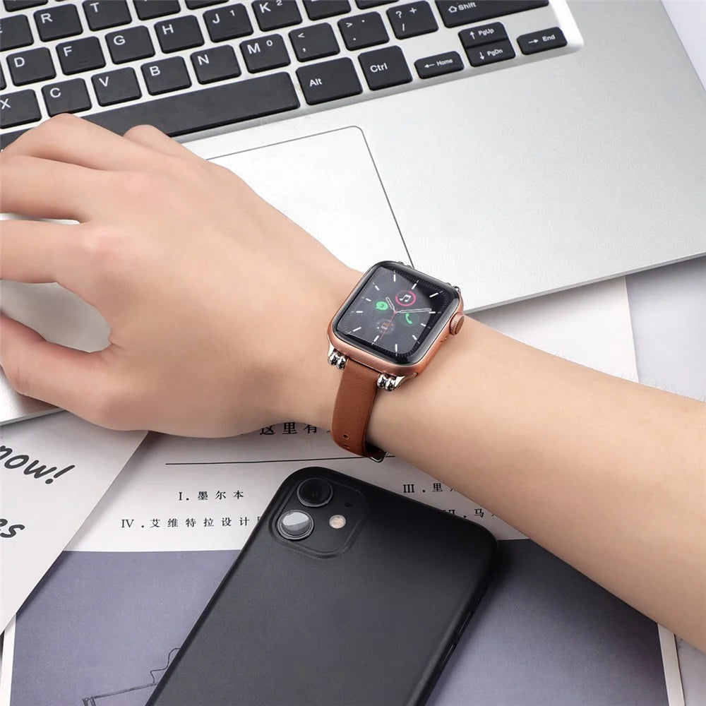 Anti-Scratch Genuine Leather Watch Strap Replacement (Size: L) for Apple Watch Ultra 3 2 1 49mm / Series 11 10 46mm / 9 8 7 45mm / SE3 SE2 SE 6 5 4 44mm / 3 2 1 42mm - Brown - 6
