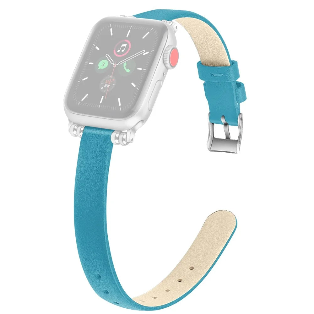 [Size L] Slim Leather Watch Strap Band for Apple Watch Series 11 10 42mm / 9 8 7 41mm / SE3 SE2 SE 6 5 4 40mm / 3 2 1 38mm - Blue - 1