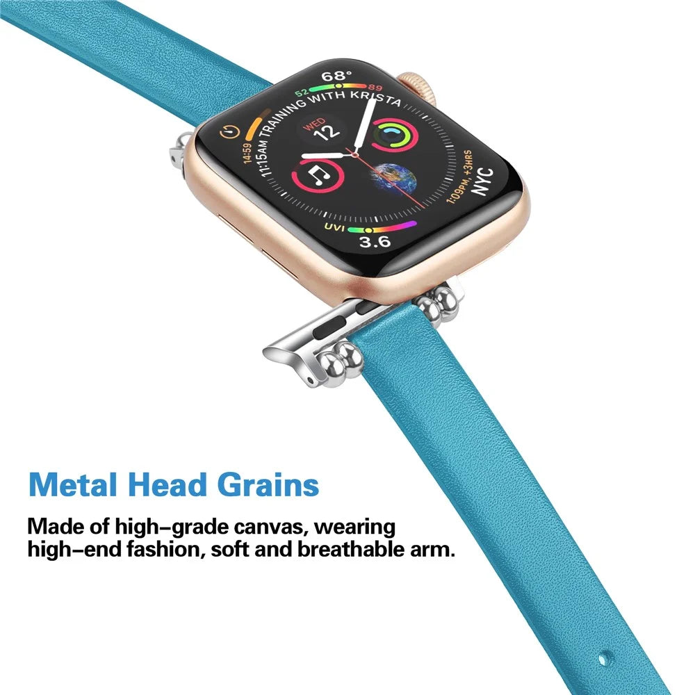 [Size L] Slim Leather Watch Strap Band for Apple Watch Series 11 10 42mm / 9 8 7 41mm / SE3 SE2 SE 6 5 4 40mm / 3 2 1 38mm - Blue - 2
