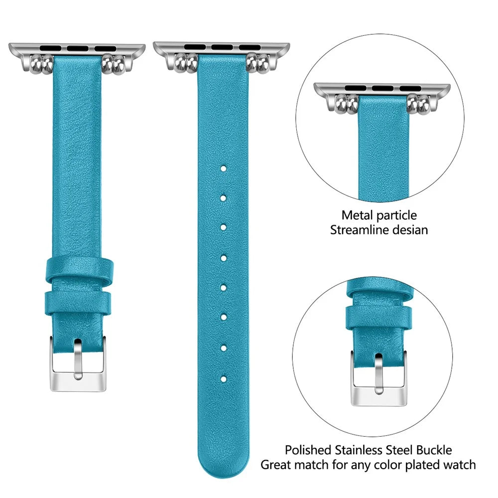 [Size L] Slim Leather Watch Strap Band for Apple Watch Series 11 10 42mm / 9 8 7 41mm / SE3 SE2 SE 6 5 4 40mm / 3 2 1 38mm - Blue - 3