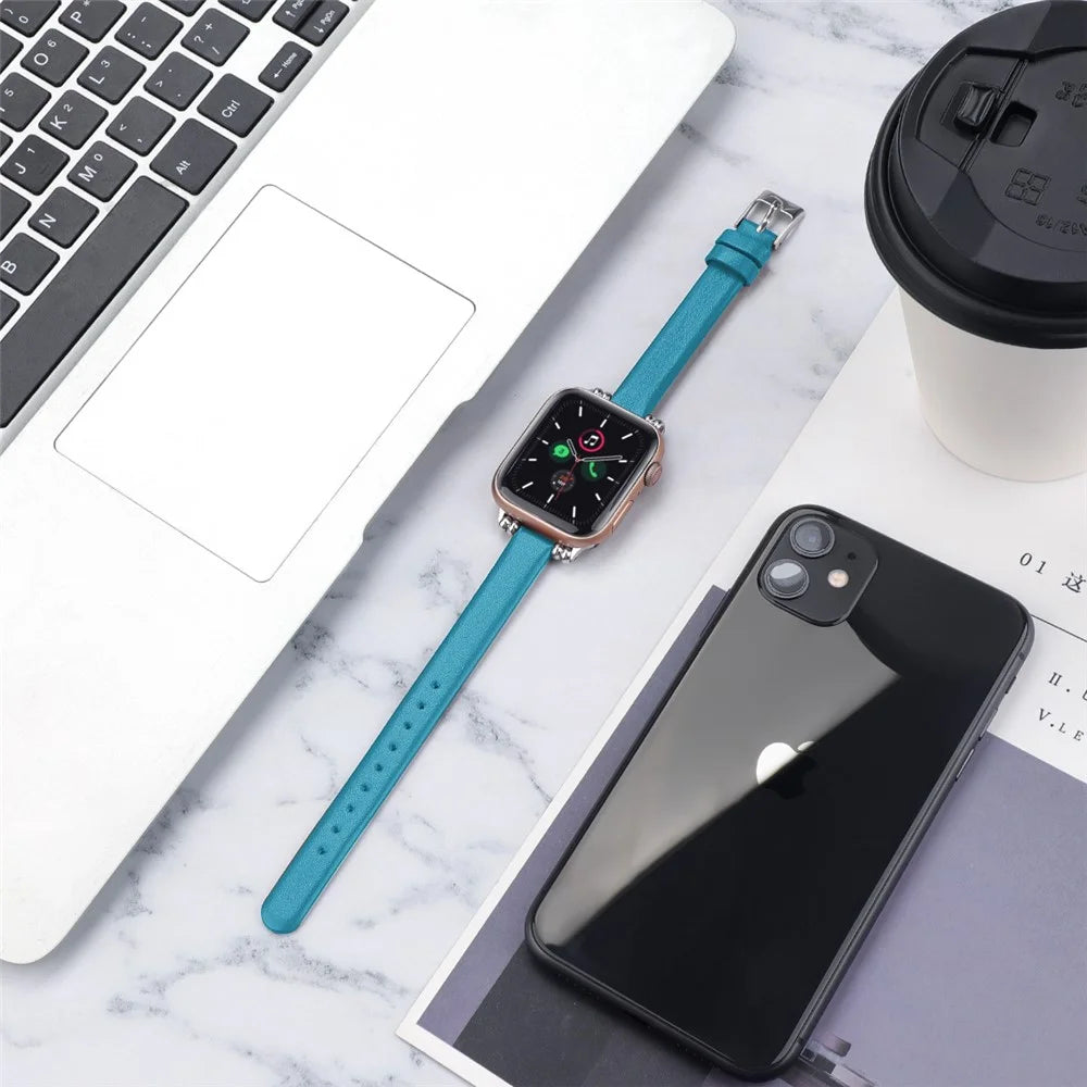 [Size L] Slim Leather Watch Strap Band for Apple Watch Series 11 10 42mm / 9 8 7 41mm / SE3 SE2 SE 6 5 4 40mm / 3 2 1 38mm - Blue - 4