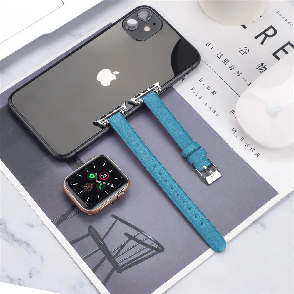[Size L] Slim Leather Watch Strap Band for Apple Watch Series 11 10 42mm / 9 8 7 41mm / SE3 SE2 SE 6 5 4 40mm / 3 2 1 38mm - Blue - 5
