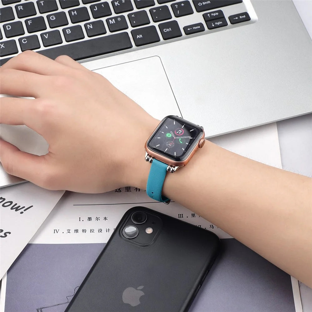 [Size L] Slim Leather Watch Strap Band for Apple Watch Series 11 10 42mm / 9 8 7 41mm / SE3 SE2 SE 6 5 4 40mm / 3 2 1 38mm - Blue - 6