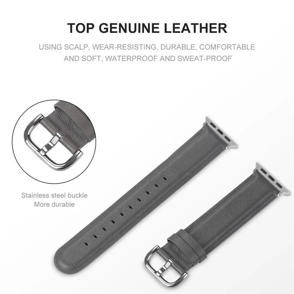Anti-Scratch Fashionable Top-Layer Cowhide Leather Genuine Leather Watch Strap for Apple Watch Ultra 3 2 1 49mm / Series 11 10 46mm / 9 8 7 45mm / SE3 SE2 SE 6 5 4 44mm / 3 2 1 42mm - Grey - 3