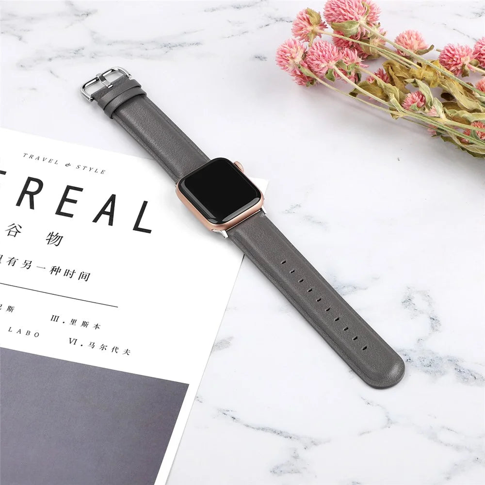 Anti-Scratch Fashionable Top-Layer Cowhide Leather Genuine Leather Watch Strap for Apple Watch Ultra 3 2 1 49mm / Series 11 10 46mm / 9 8 7 45mm / SE3 SE2 SE 6 5 4 44mm / 3 2 1 42mm - Grey - 5