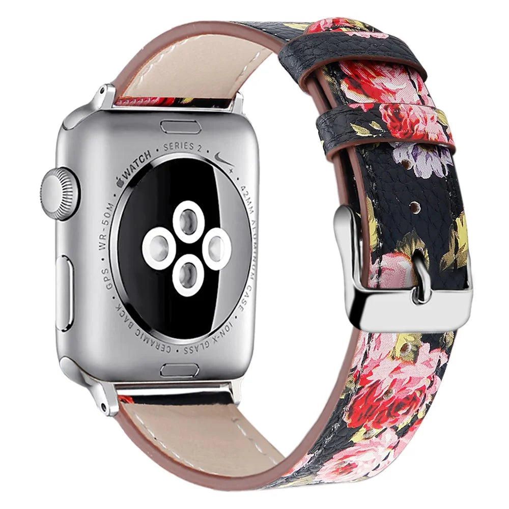 Wrist Band for Apple Watch Series 11 10 42mm / 9 8 7 41mm / SE3 SE2 SE 6 5 4 40mm / 3 2 1 38mm Adjustable Top Layer Cowhide Leather Watch Strap - Black / Pink Flower - 1