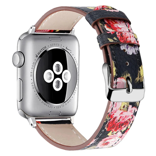 Wrist Band for Apple Watch Series 11 10 42mm / 9 8 7 41mm / SE3 SE2 SE 6 5 4 40mm / 3 2 1 38mm Adjustable Top Layer Cowhide Leather Watch Strap - Black / Pink Flower - 1